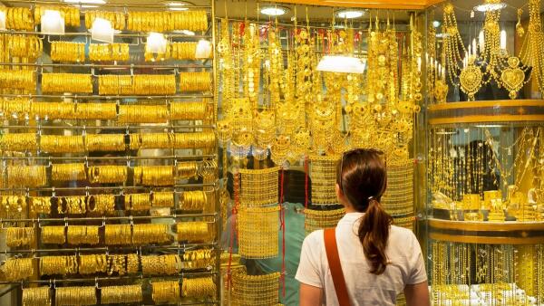 Window display of gold jewellery in Gold Souk in Deira Dubai United Arab Emirates